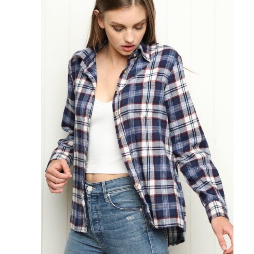 Brandy Melville Women’s Blue, Red, & White Plaid Flannel Button Up, One Size